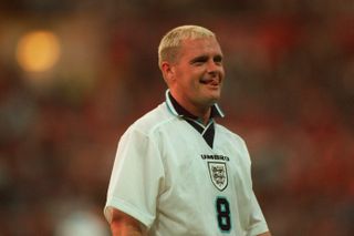 Paul Gascoigne of England licks his lips during the Euro 96 group match against the Netherlands at Wembley