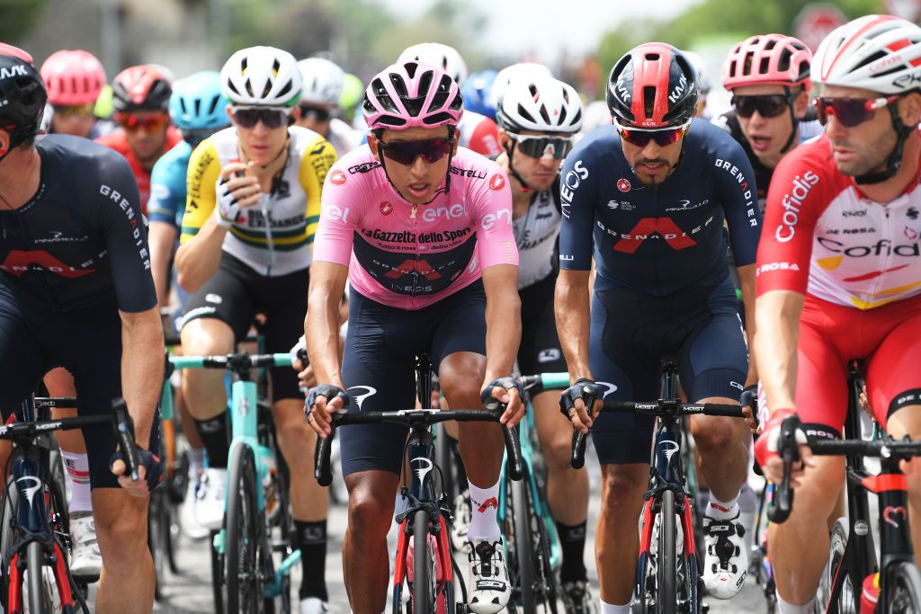 GORIZIA ITALY MAY 23 Egan Arley Bernal Gomez of Colombia and Team INEOS Grenadiers Pink Leader Jersey Daniel Felipe Martinez Poveda of Colombia and Team INEOS Grenadiers during the 104th Giro dItalia 2021 Stage 15 a 147km stage from Grado to Gorizia UCIworldtour girodiitalia Giro on May 23 2021 in Gorizia Italy Photo by Tim de WaeleGetty Images