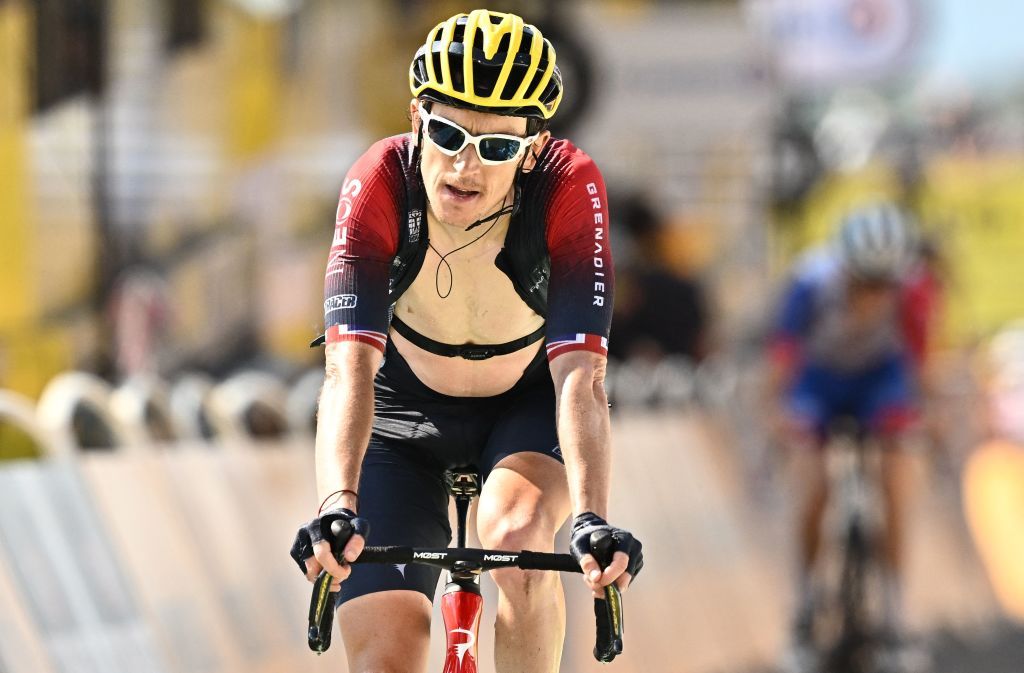 Ineos Grenadiers teams British rider Geraint Thomas cycles to the finish line of the 18th stage of the 109th edition of the Tour de France cycling race 1432 km between Lourdes and Hautacam in the Pyrenees mountains in southwestern France on July 21 2022 Photo by Marco BERTORELLO AFP Photo by MARCO BERTORELLOAFP via Getty Images