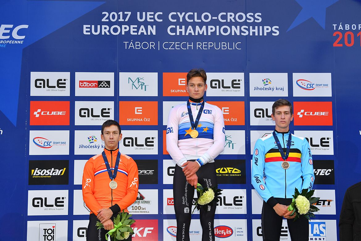 Mathieu van der Poel atop the men's podium at the European Cyclo-cross Championships