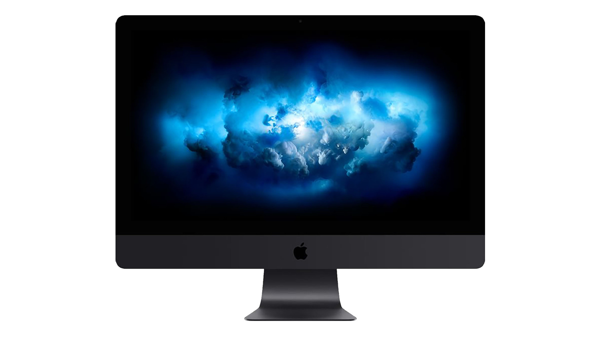 A Black iMac Pro with a blue desktop background against a blank white backdrop