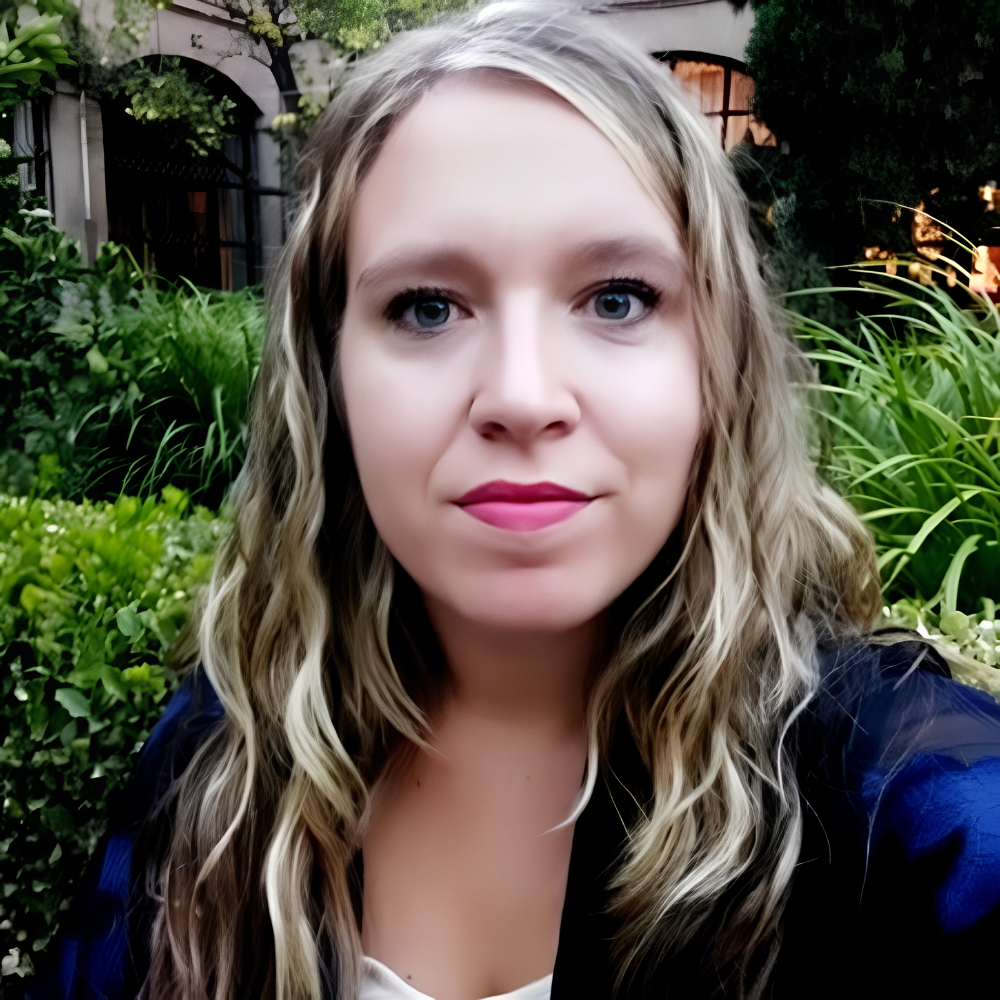 Woman with wavy blonde hair and pink lipstick, wearing a navy jacket, in a garden setting.