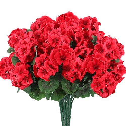 Hananona 6 Pcs Artificial Geranium Flowers for Outdoors Geranium Silk Red Flower Outdoor Uv Resistant Garden Plants Faux Flowers for Christmas Home Kitchen Table Centerpieces Decor (6, Red)