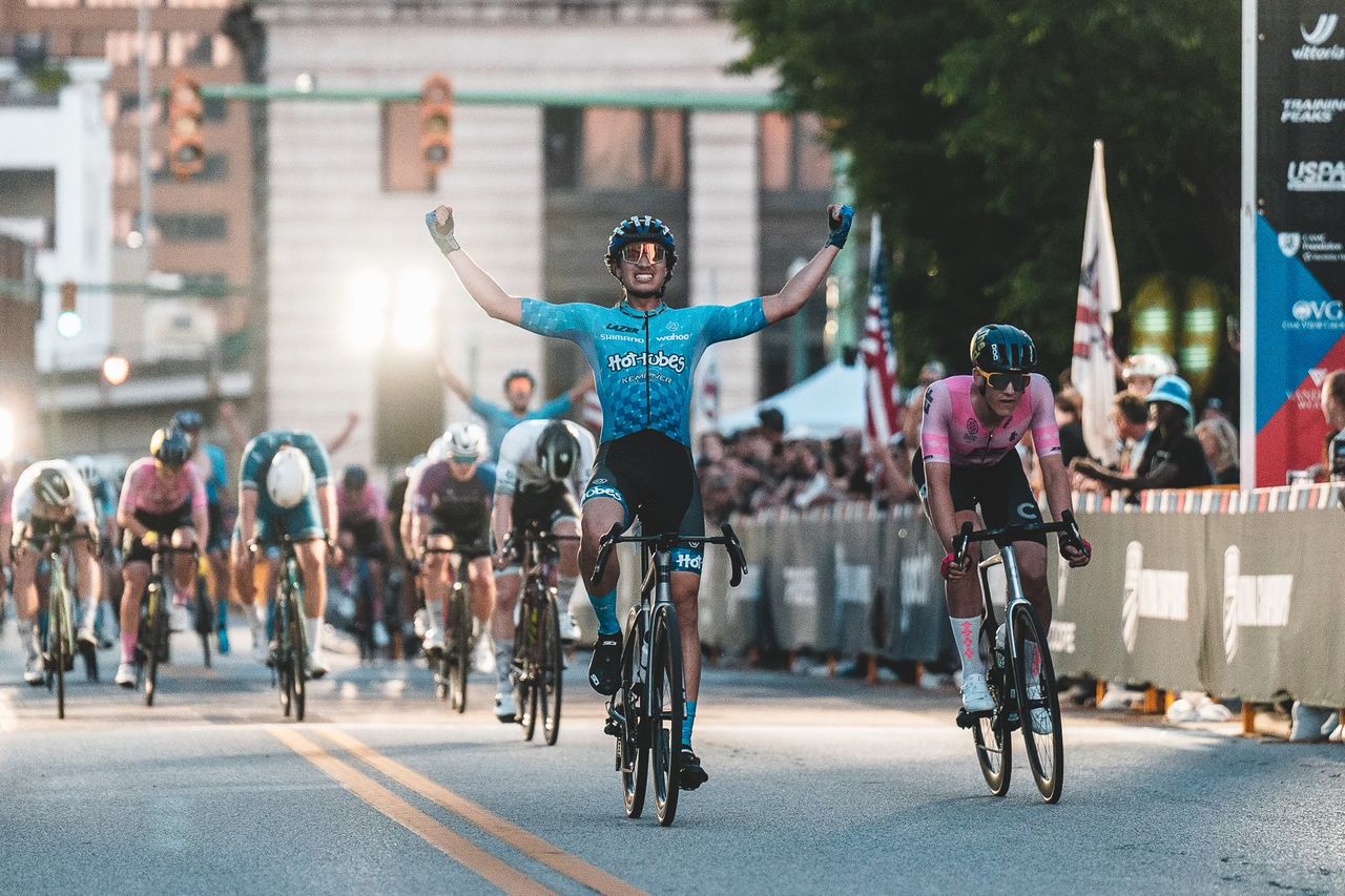 Alejandro Che (Hot Tubes Development) reacts to winning the men's Junior 17-18 criterium at 2024 USA Cycling Pro Road Nationals in West Virginia
