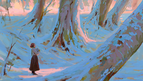 Create cinematic environments; a woman in the snow