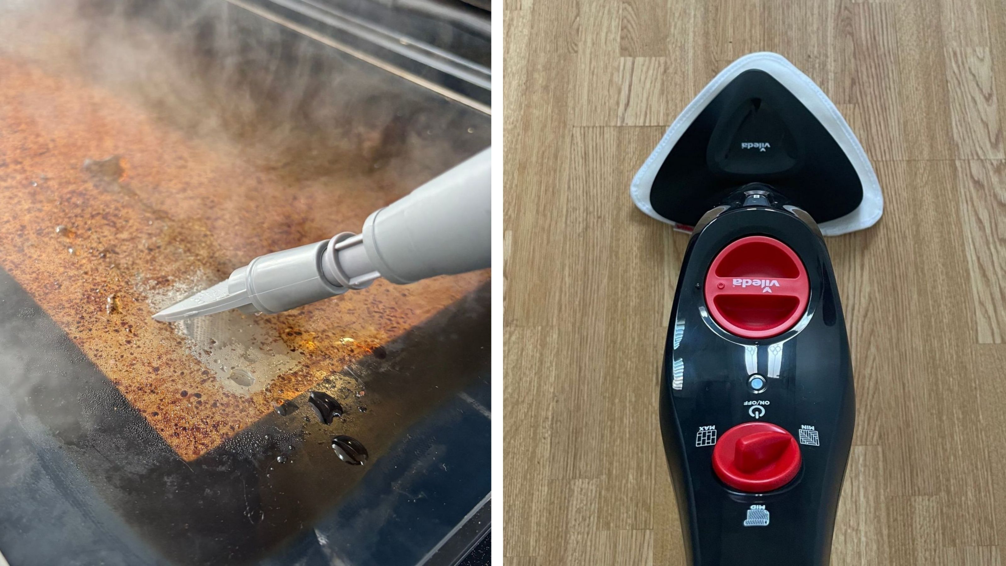 Handheld steam cleaner cleaning a dirty oven on the left, and a Vileda steam mop cleaning laminate flooring on the right