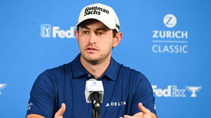 Patrick Cantlay talks to the media before the 2023 Zurich Classic of New Orleans