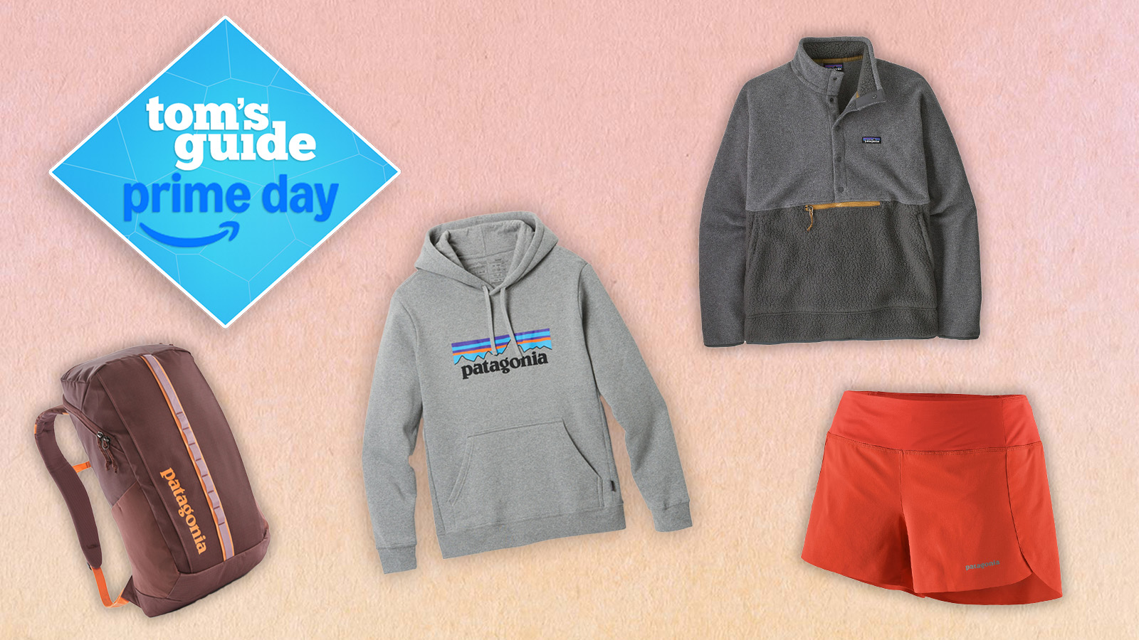 a composite image on peach background with a blue diamond tom&#039;s guide deals badge and patagonia jacket, shorts, and backpack