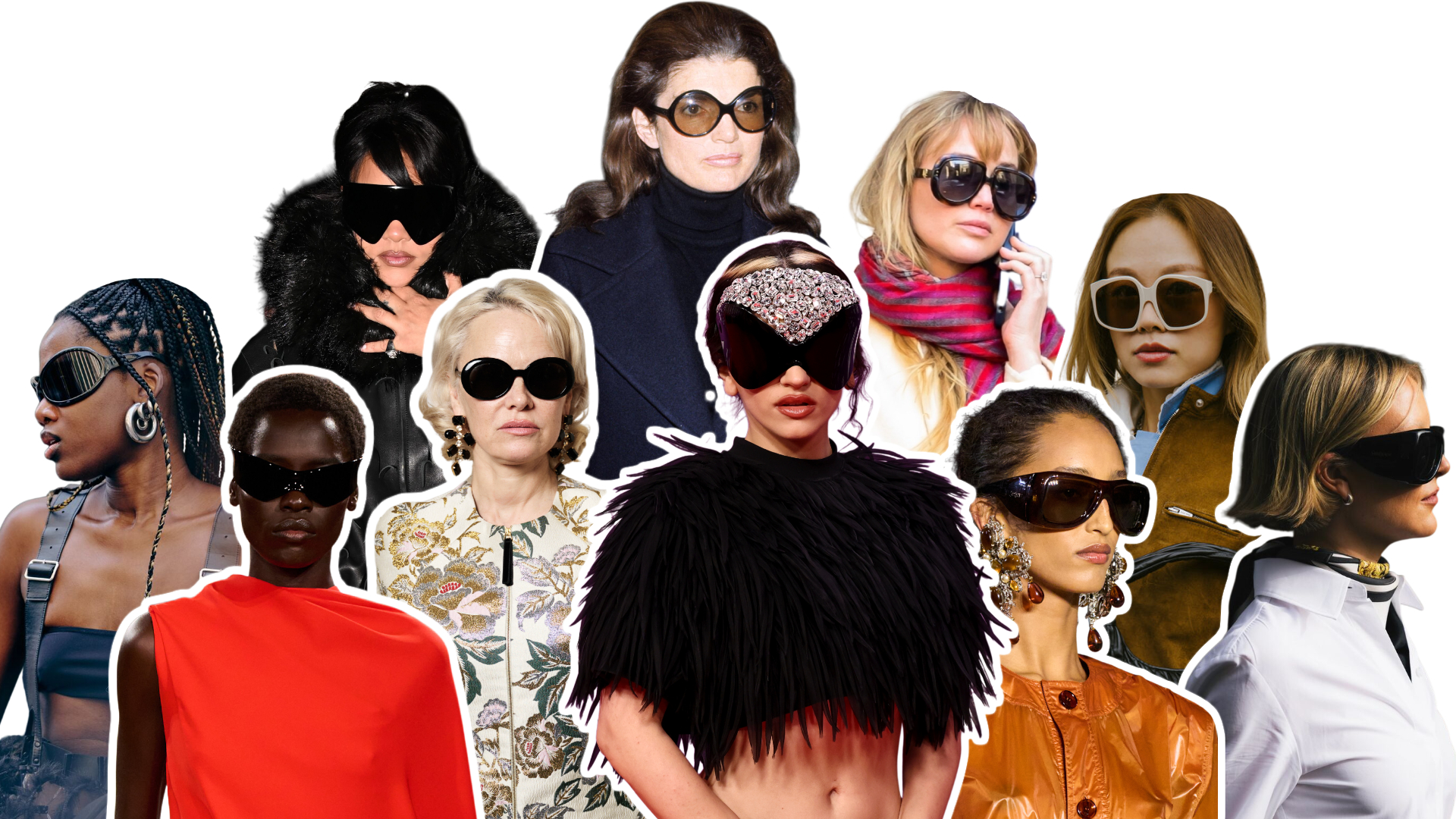 bug-eye sunglasses on Jackie Kennedy, Rihanna, Pamela Anderson, Rosalia, Jennifer Lawrence, fashion week guests, and Balenciaga and Saint Laurent models.