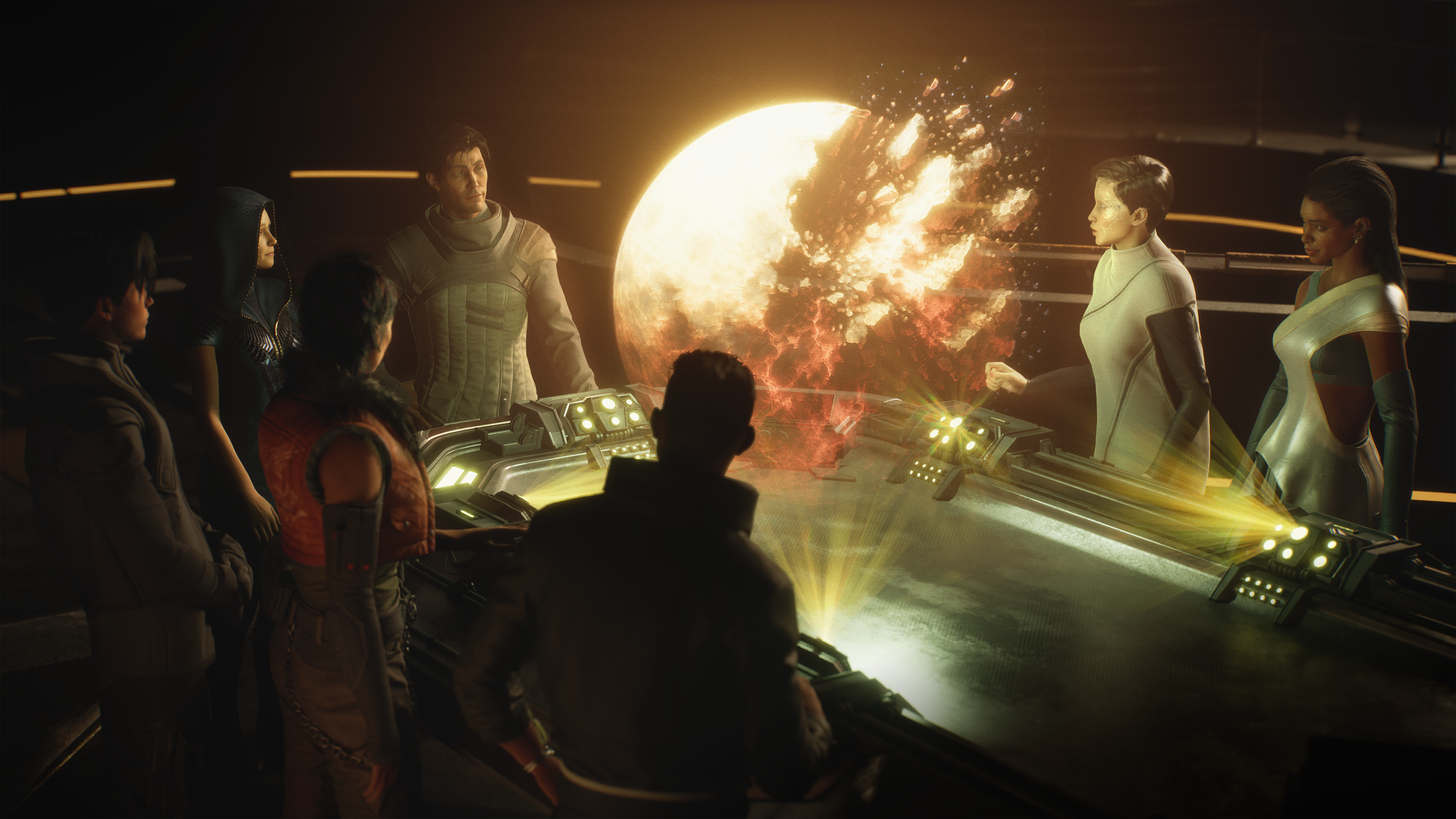 Exodus screenshot showing a bunch of companions huddled around a world map