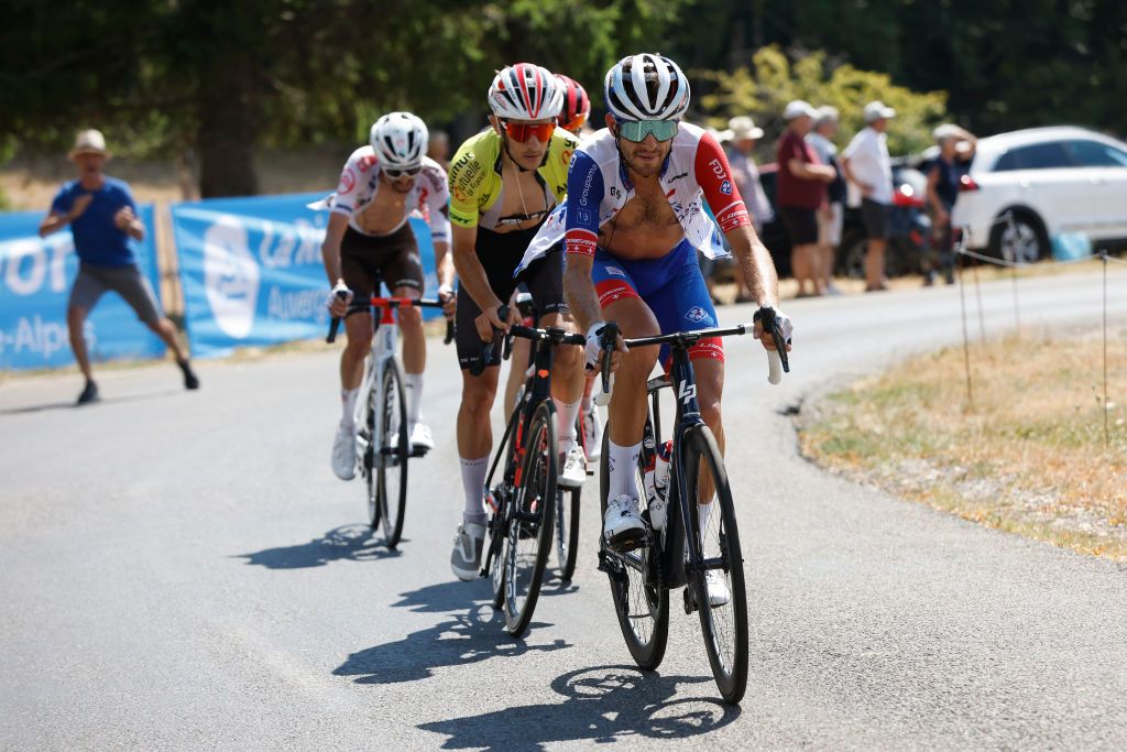 LLEX FRANCE AUGUST 11 Sbastien Reichenbach of Switzerland and Team Groupama FDJ and Guillaume Martin of France and Team Cofidis Yellow Leader Jersey attack in the final climb during the 34th Tour de lAin 2022 Stage 3 a 131km stage from Plateau dHauteville to Llex 904m TDA22 on August 11 2022 in Llex France Photo by Bas CzerwinskiGetty Images