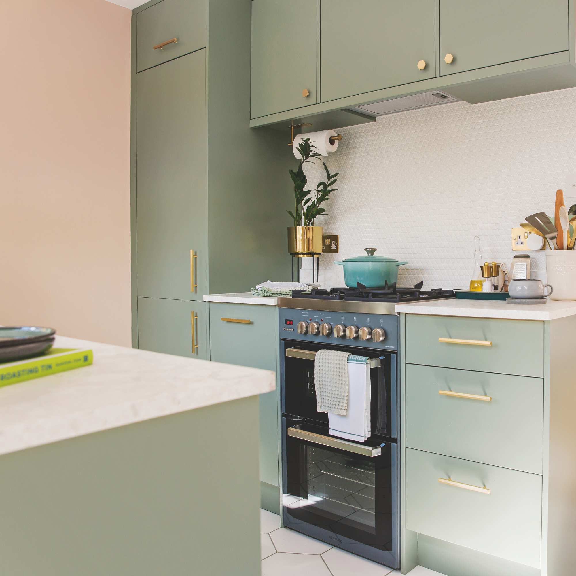 brass handles, gold handles, green cabinets, green kitchen, hexagon floor tiles, hob, kitchen, open plan, open-plan room, oven