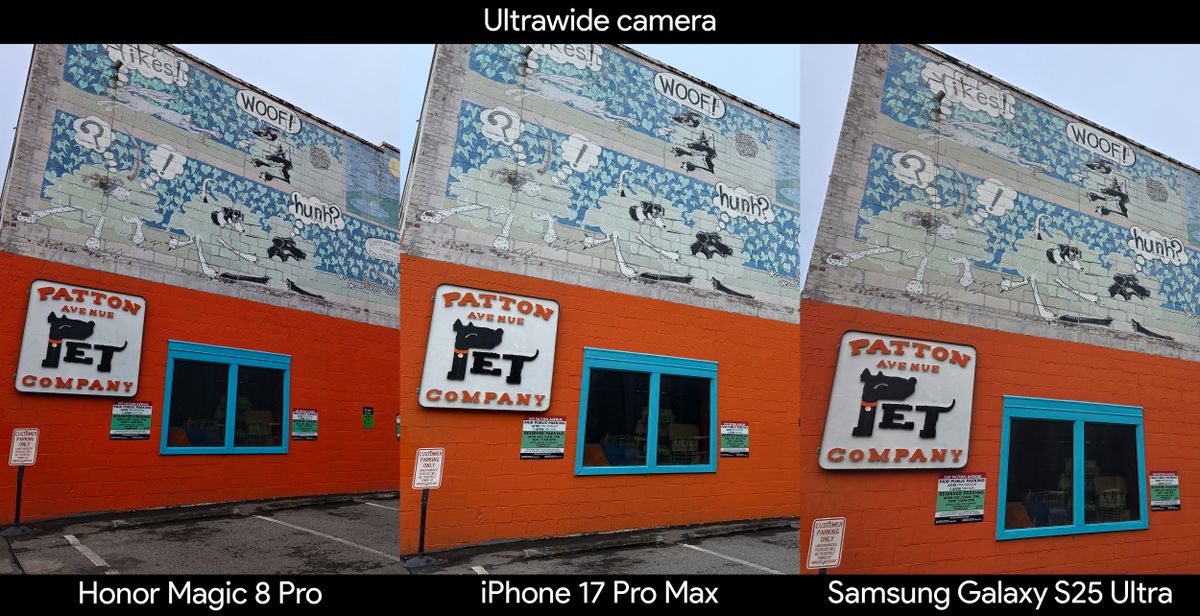 A camera sample using the ultrawide camera on an Honor Magic 8 Pro, Samsung Galaxy S25 Ultra, iPhone 17 Pro Max