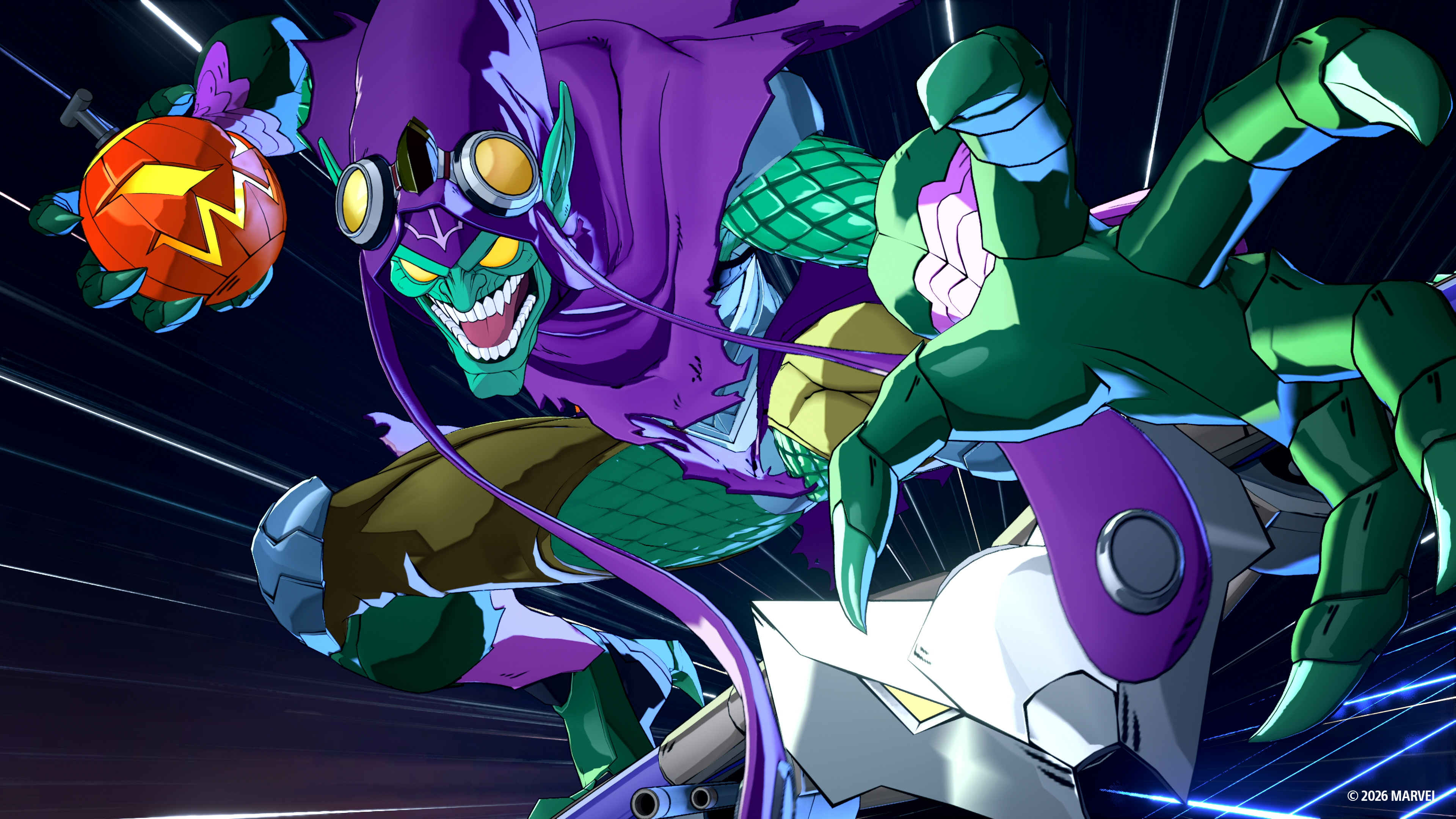 Marvel Tokon: Fighting Souls screenshot depicting the Green Goblin throwing a pumpkin bomb during his super animation
