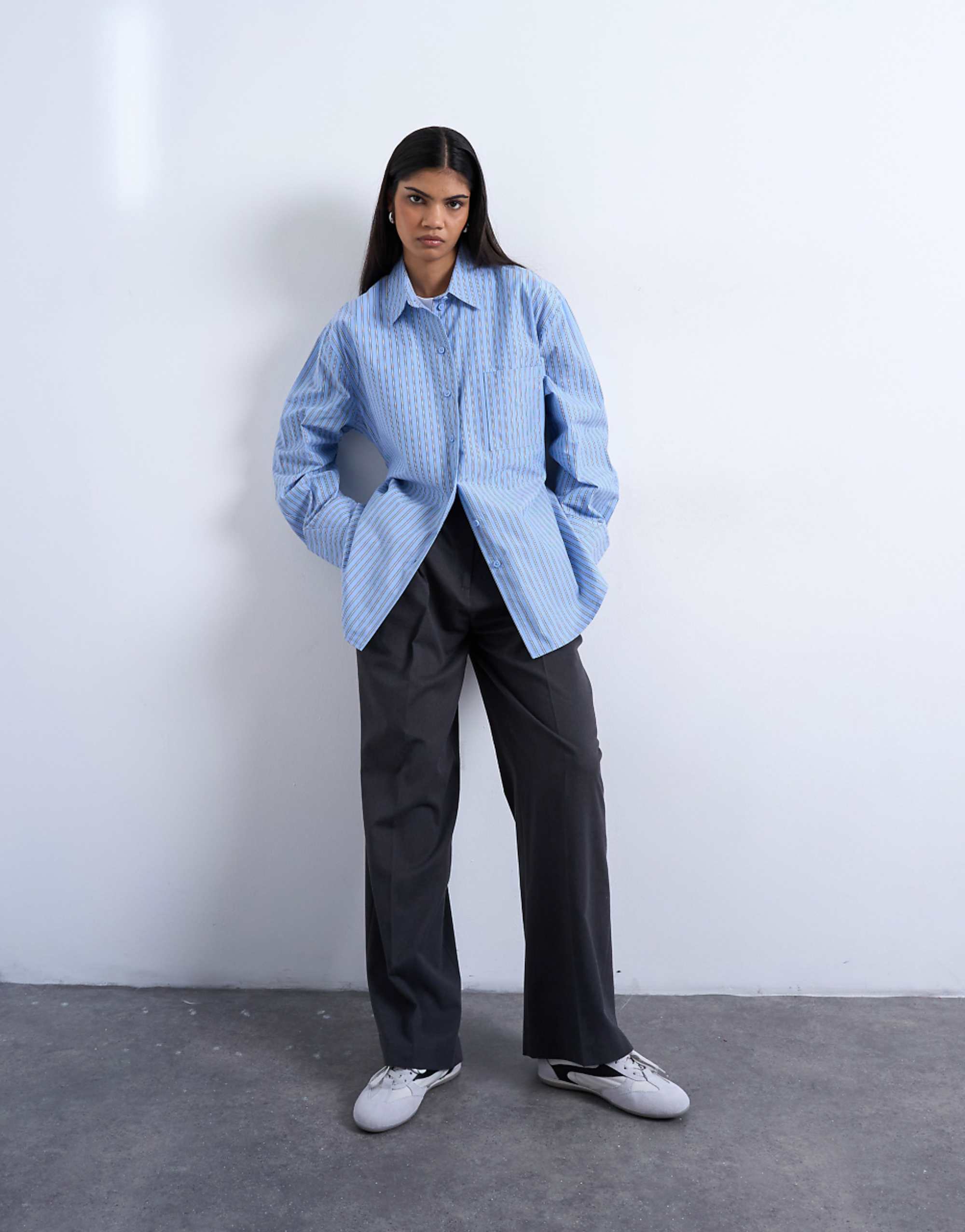Topshop Darted Cuff Oversized Shirt in Blue Stripe