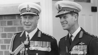 Louis Mountbatten, 1st Earl Mountbatten of Burma (1900 - 1979), with his nephew Prince Philip, Duke of Edinburgh, in Royal Marines uniforms at the regiment's barracks at Eastney, Hampshire, 27th October 1965.
