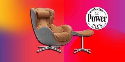 Caramel-colored massage chair with matching ottoman with the seal Marie Claire Power Pick