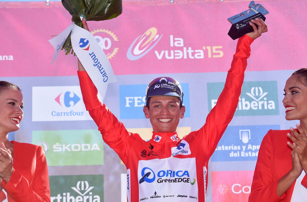 Esteban Chaves (Orica-GreenEdge) in his first red jersey after stage 2 victory