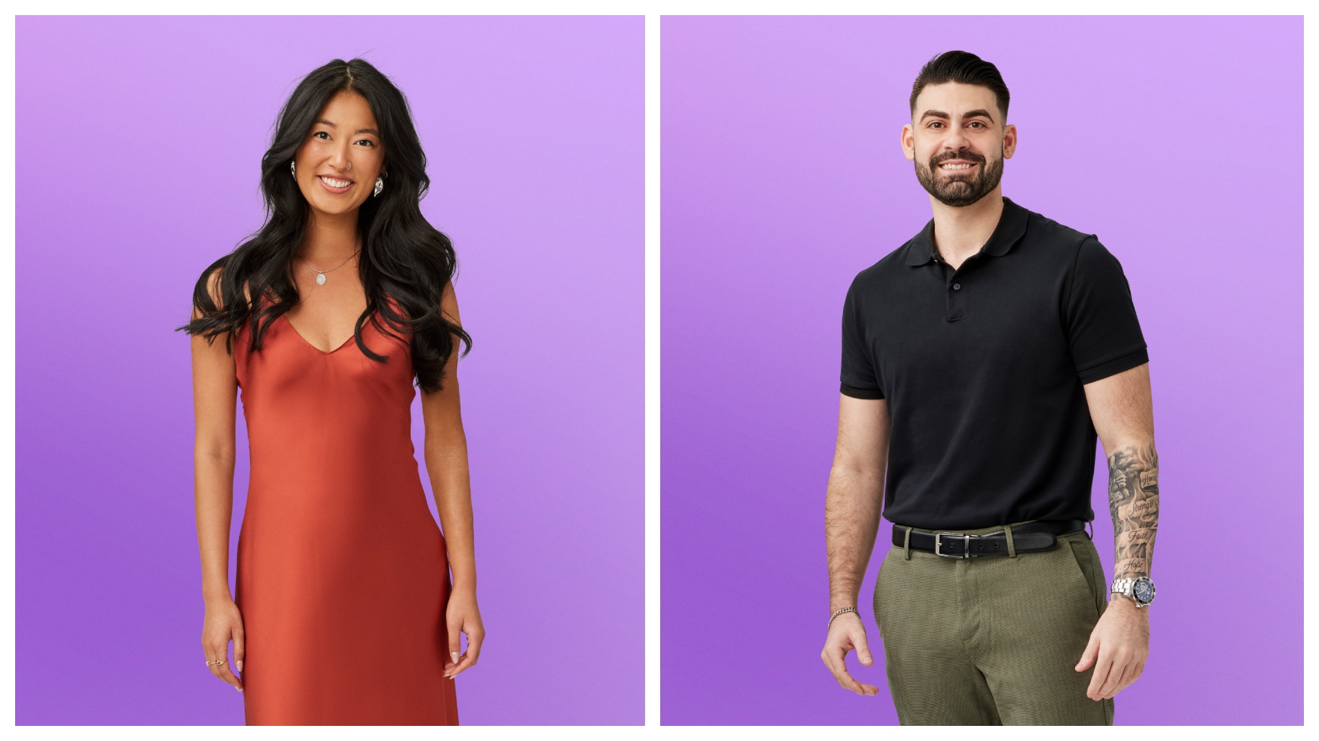 a split image of love is blind season 10 stars emma betsinger wearing a red long slip dress and mike gibney wearing a black polo and green pants