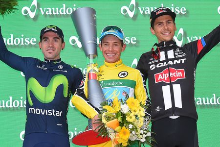 Jon Izaguirre, Miguel Angel Lopez and Warren Barguil on the final Tour de Suisse podium