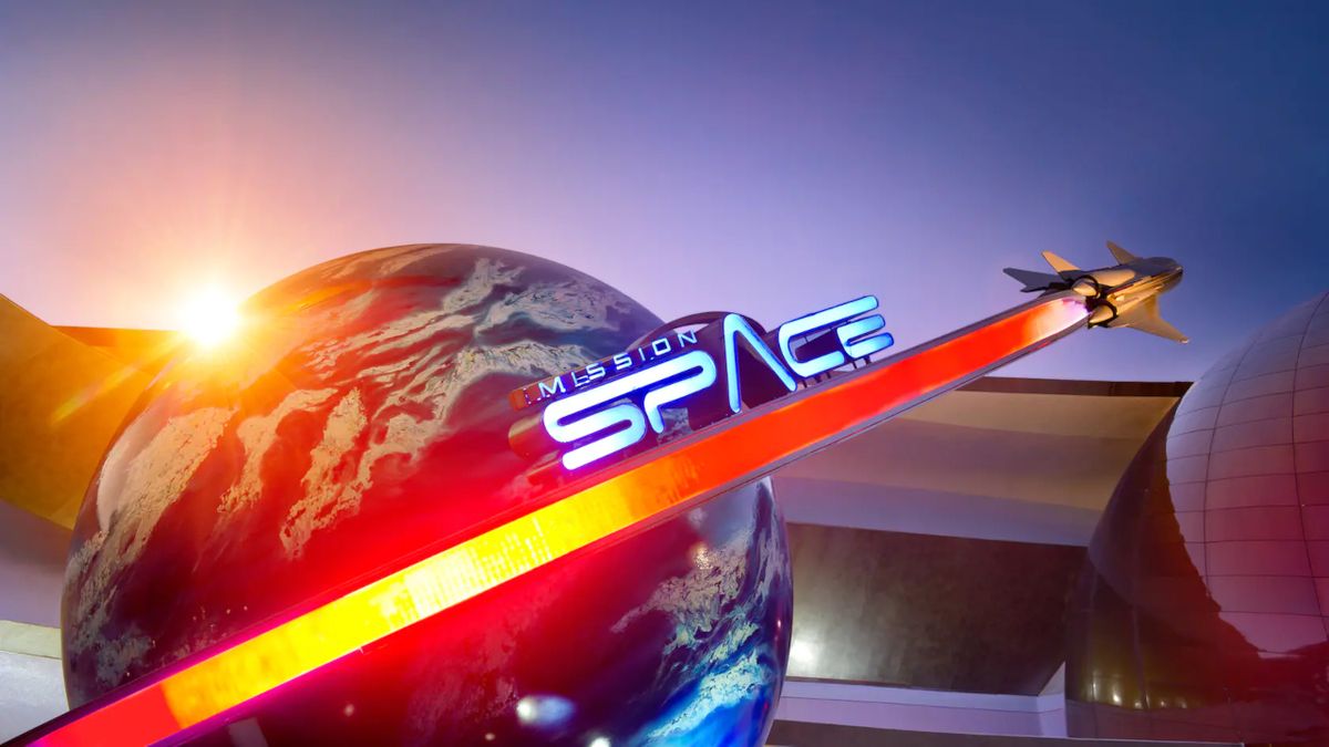 Mission: Space&#039;s signage, as seen at sundown.