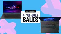 Asus ROG Strix Scar 16 and Lenovo Legion Pro 7i with blue backdropm and 4th of july sales GamesRadar+ badge in centre 