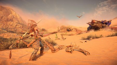 Shooting a plasma bow in Horizon Forbidden West against a giant turtle robot