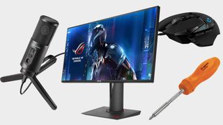 The hardware that PC Gamer swears by, including an Asus ROG monitor, Logitech G502 gaming mouse, screwdriver, and Audio Technica microphone