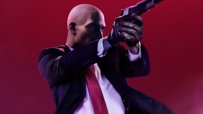 Cropped close key art of Agent 47 pulling out his gun for Hitman 2