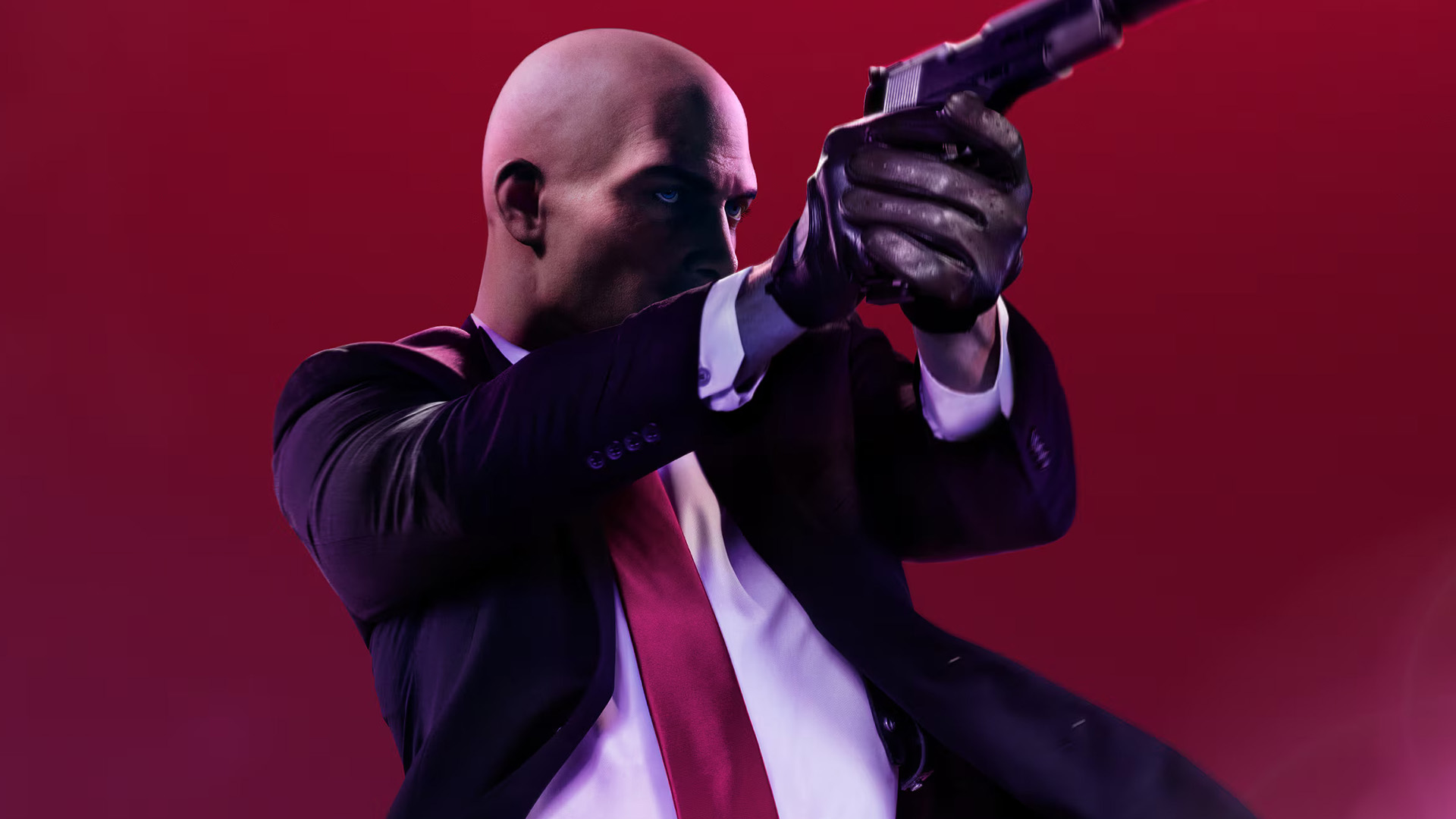 Cropped close key art of Agent 47 pulling out his gun for Hitman 2