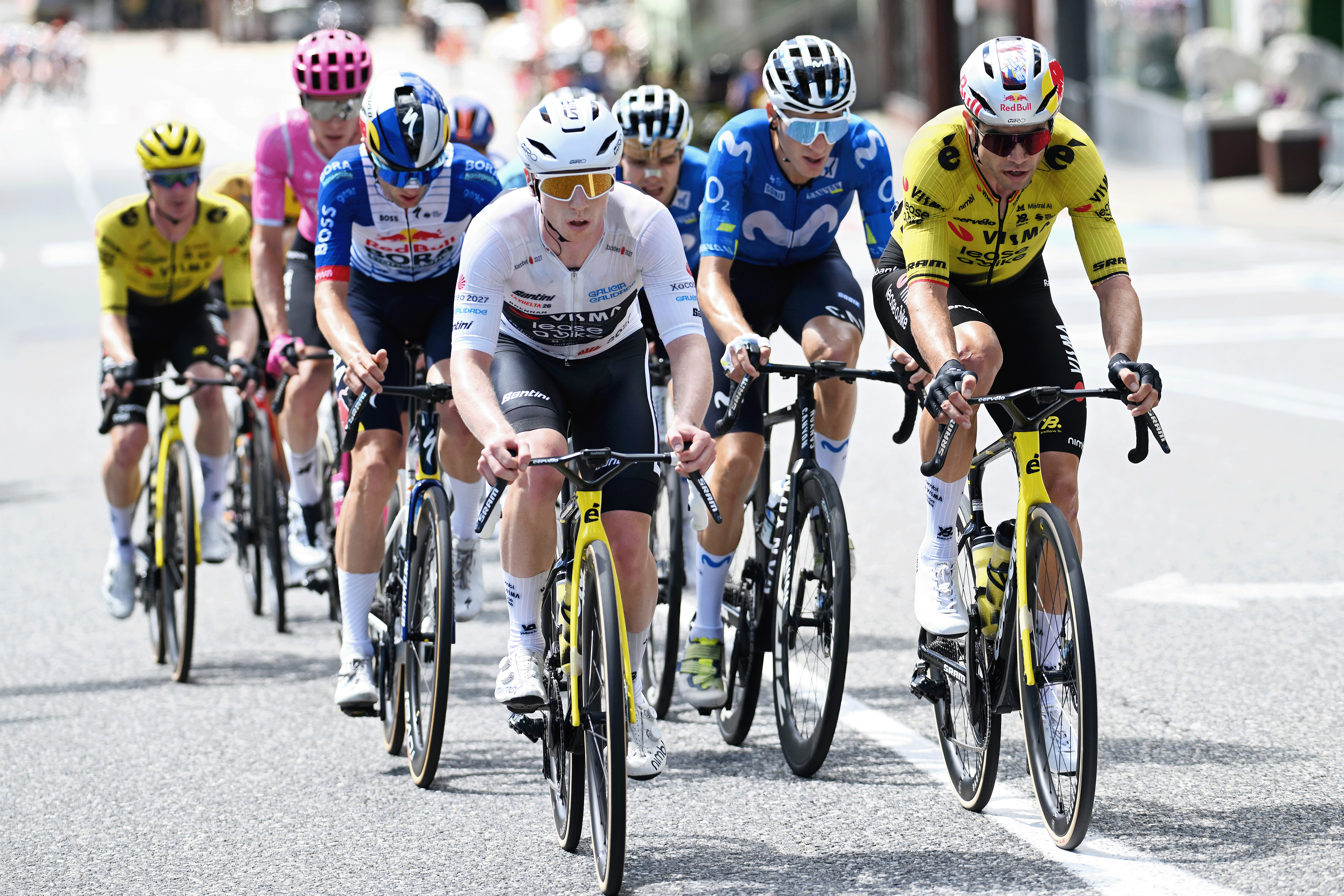 Matthew Brennan of Great Britain - White best young jersey and Wout Van Aert of Belgium and Team Visma | Lease a Bike compete in the breakaway during the 2026 Vuelta a Espa&amp;ntilde;a (Photo by Tim de Waele/Getty Images)