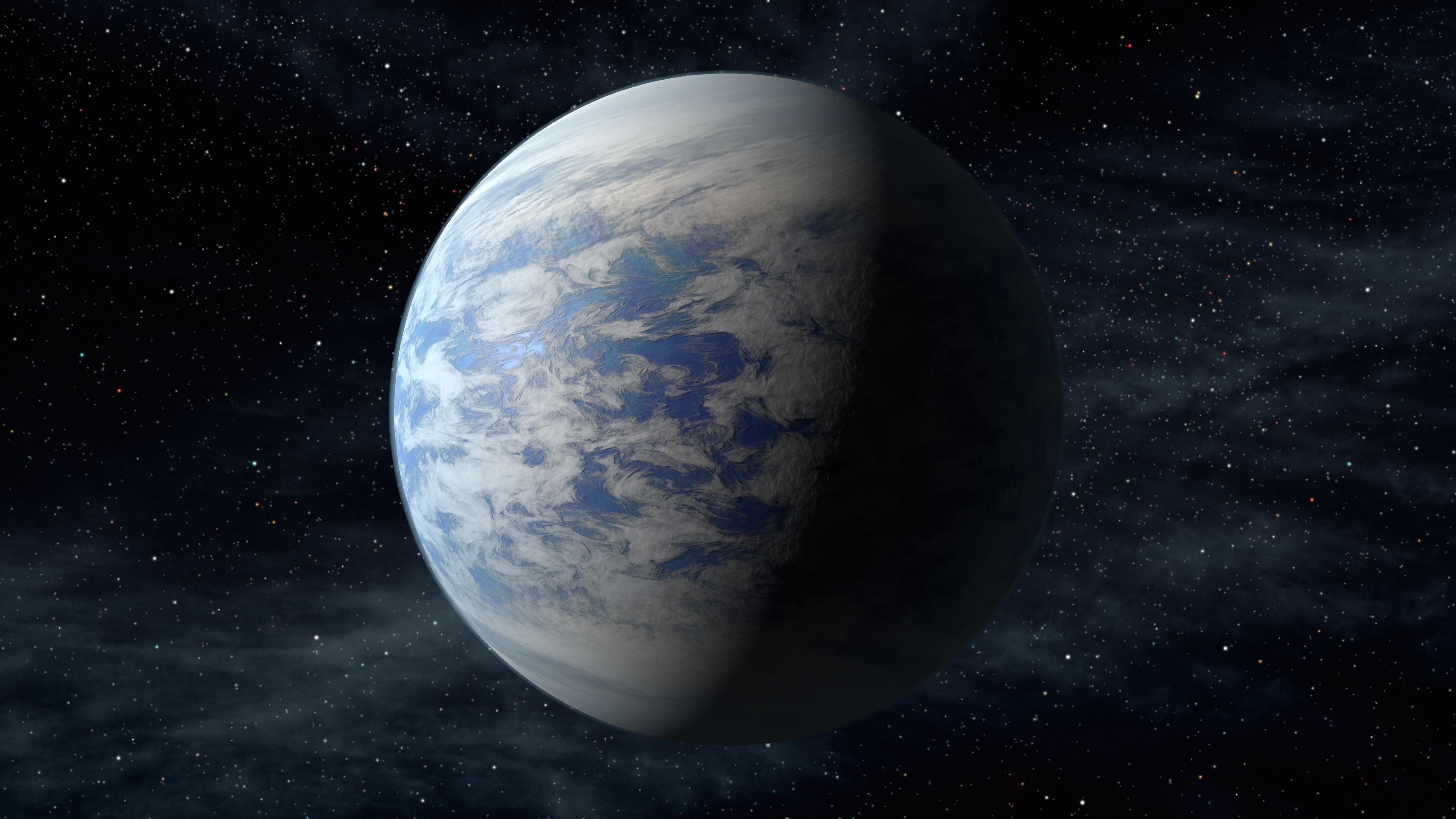 An artist's illustration of a super-Earth with liquid water and white clouds.