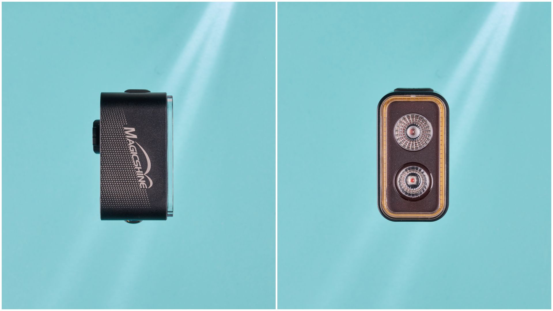 Side and front view of the Magicshine SEEMEE300 rear bike light on a blue background