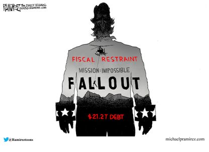 Political cartoon U.S. Mission Impossible fiscal restraint Trump debt