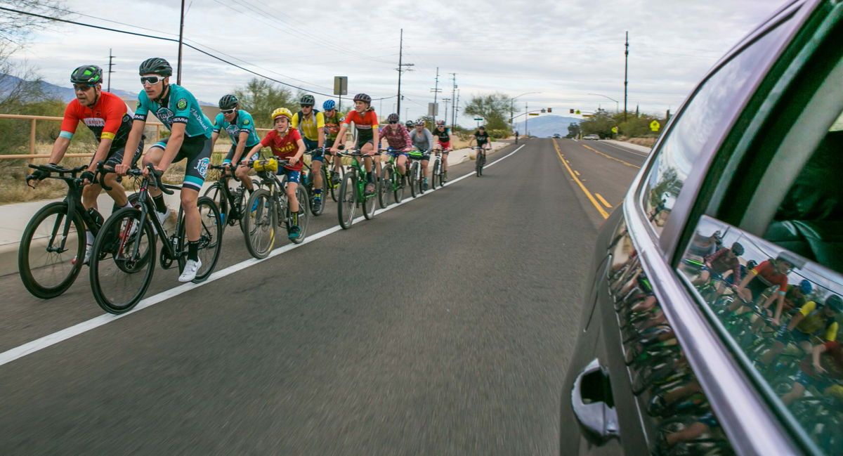Floyd's Pro Cycling riders Nick Zukowsky and Travis McCabe lead out BICAS' El Groupo ride in Tucson
