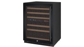 A countertop height Allavino wine cooler in black with wooden shelves