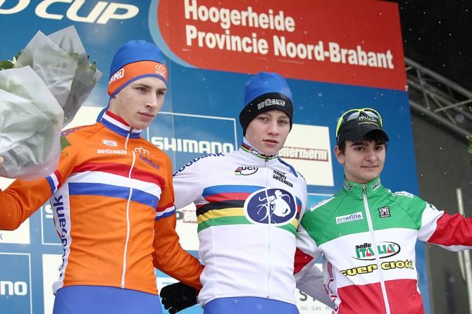 The Hoogerheide podium: Martijn Budding, Mathieu van der Poel and Gioeli Bertolini