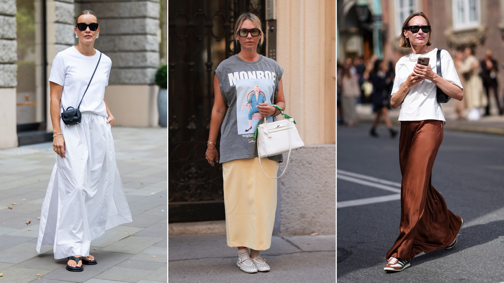Three women wear different long skirt outfits with t-shirts