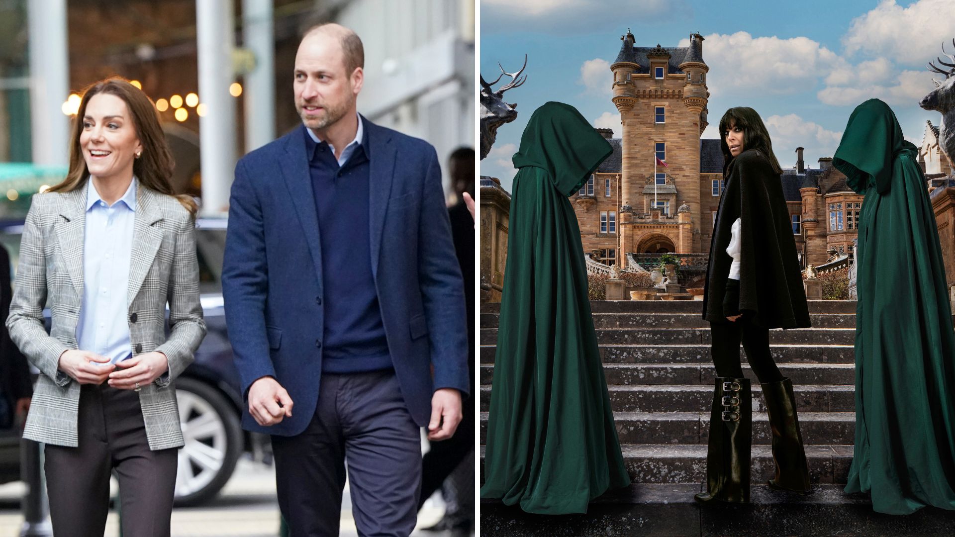 A composite of a picture of the Prince and Princess of Wales visiting Borough Market on March 12, 2026 and a first look picture for The Traitors showing Claudia Winkleman standing on the castle steps