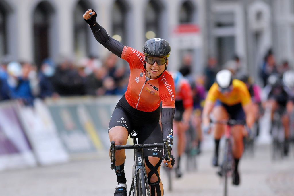 GERA GERMANY MAY 26 Lorena Wiebes of Netherlands and Team DSM red best young jersey stage winner celebrates at arrival during the 34th Internationale LOTTO Thringen Ladies Tour 2021 Stage 2 a 1251km stage from Gera to Gera ltlt2021 lottothueringenladiestour womencycling on May 26 2021 in Gera Germany Photo by Luc ClaessenGetty Images