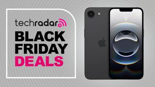 The iPhone 16e on a gray background. Text reads: TechRadar Black Friday Deals