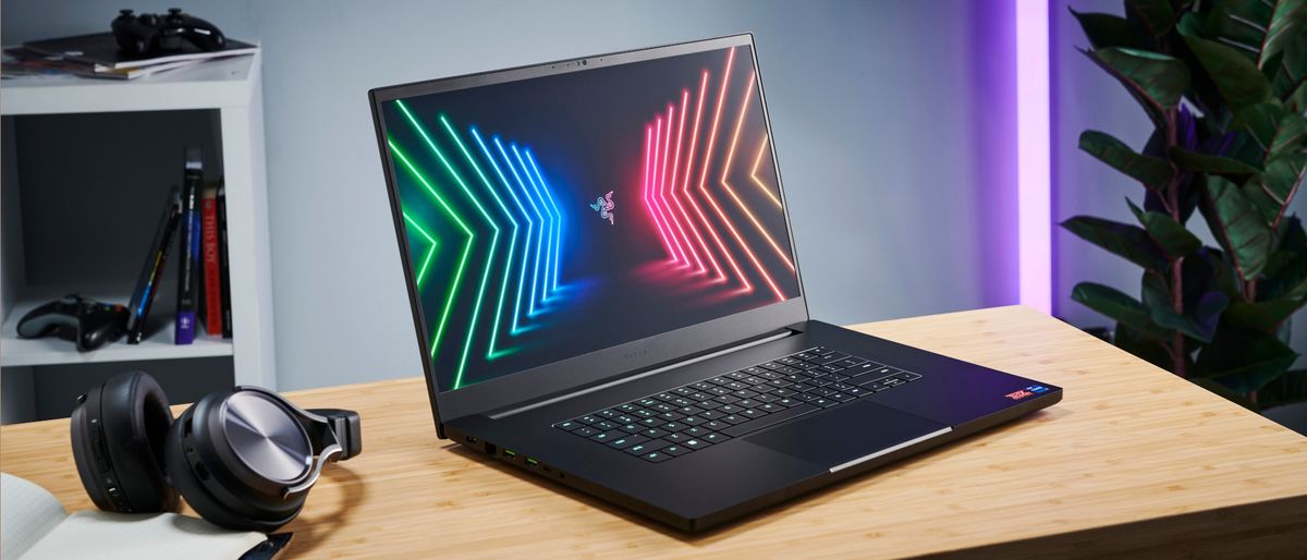 The Razer Blade 17 (2022) viewed from a side angle on a desk