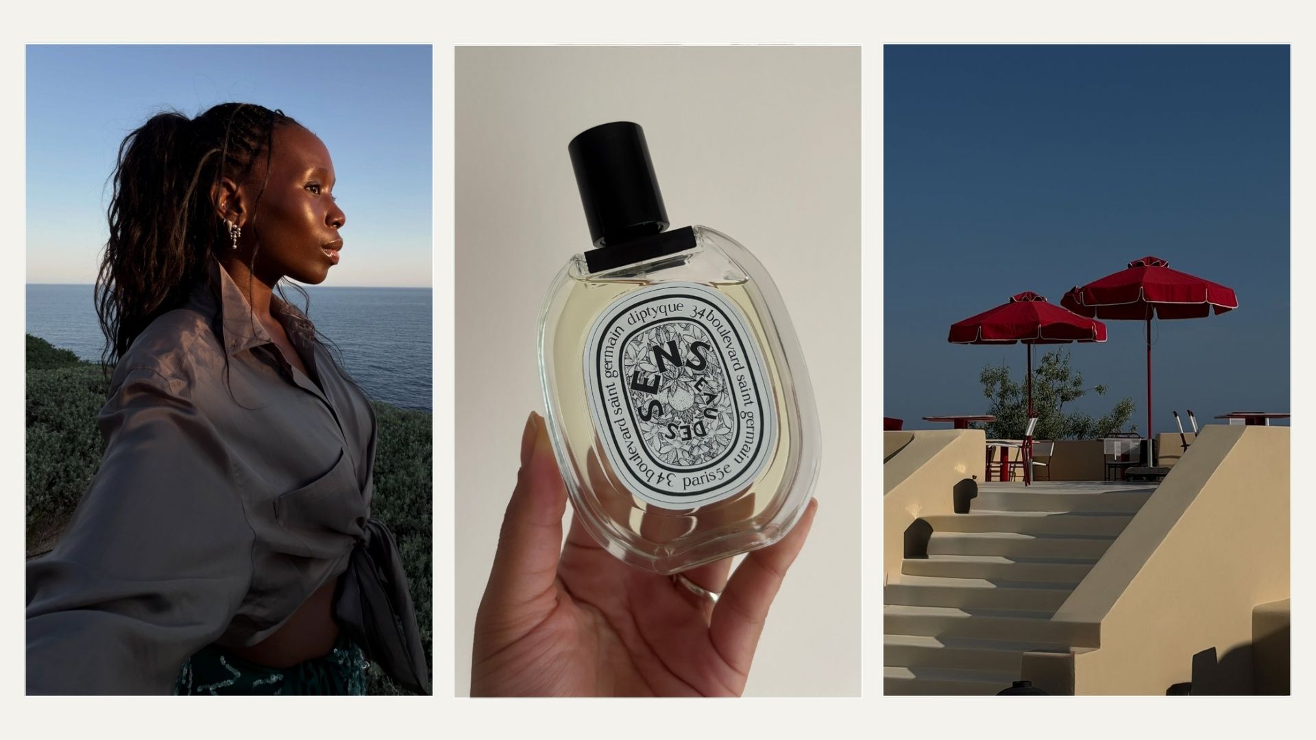 A collage of creator Danielle Jinadu on holiday, the best bitter perfumes, and a restaurant at dusk in Greece taken by creator Jessica Skye 
