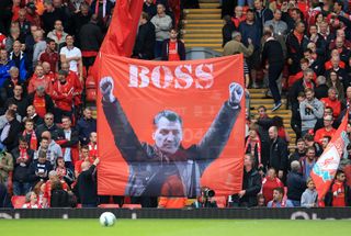 Liverpool fans display a banner of 'Boss' manager Rodgers in the stands at Anfield