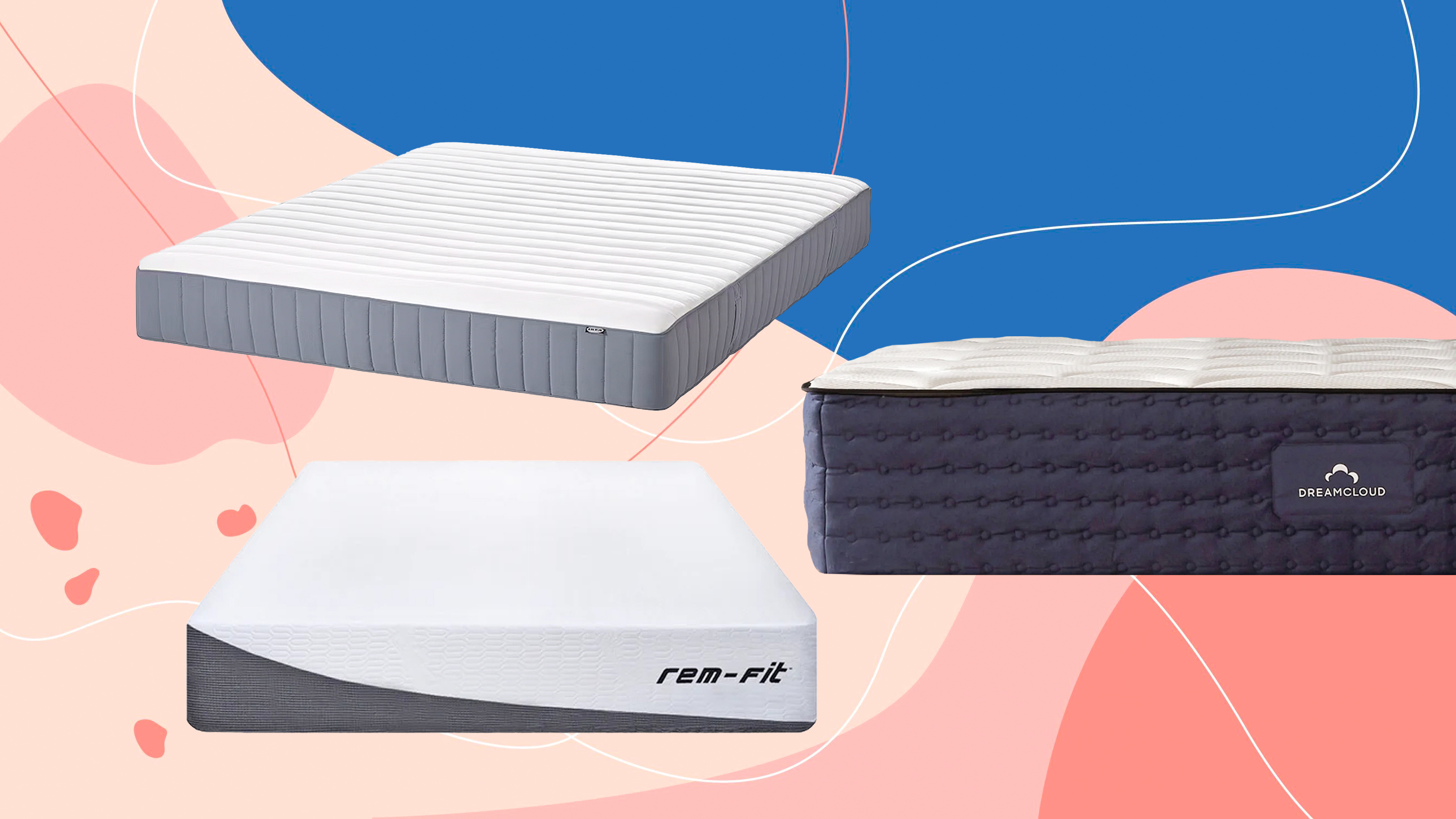 Three of the best budget mattresses Ideal Home has tsted on a pink and blue background