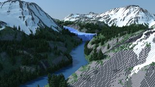 Minecraft - a closer look at a river winding through snowcapped mountains