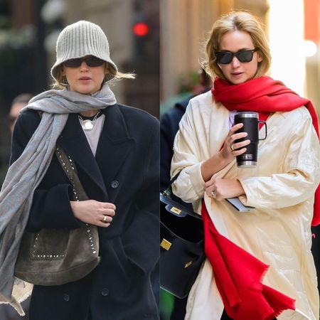 Jennifer Lawrence wearing black drawstring pants