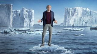 Larry David standing on a melting iceberg in a promotion image for Curb Your Enthusiasm season 12