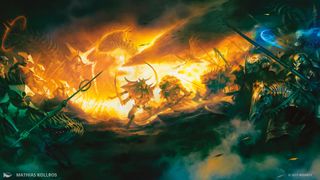 A fiery battlefield during the March of the Machine storyline, with Phyrexian soldiers clashing with armed resistance