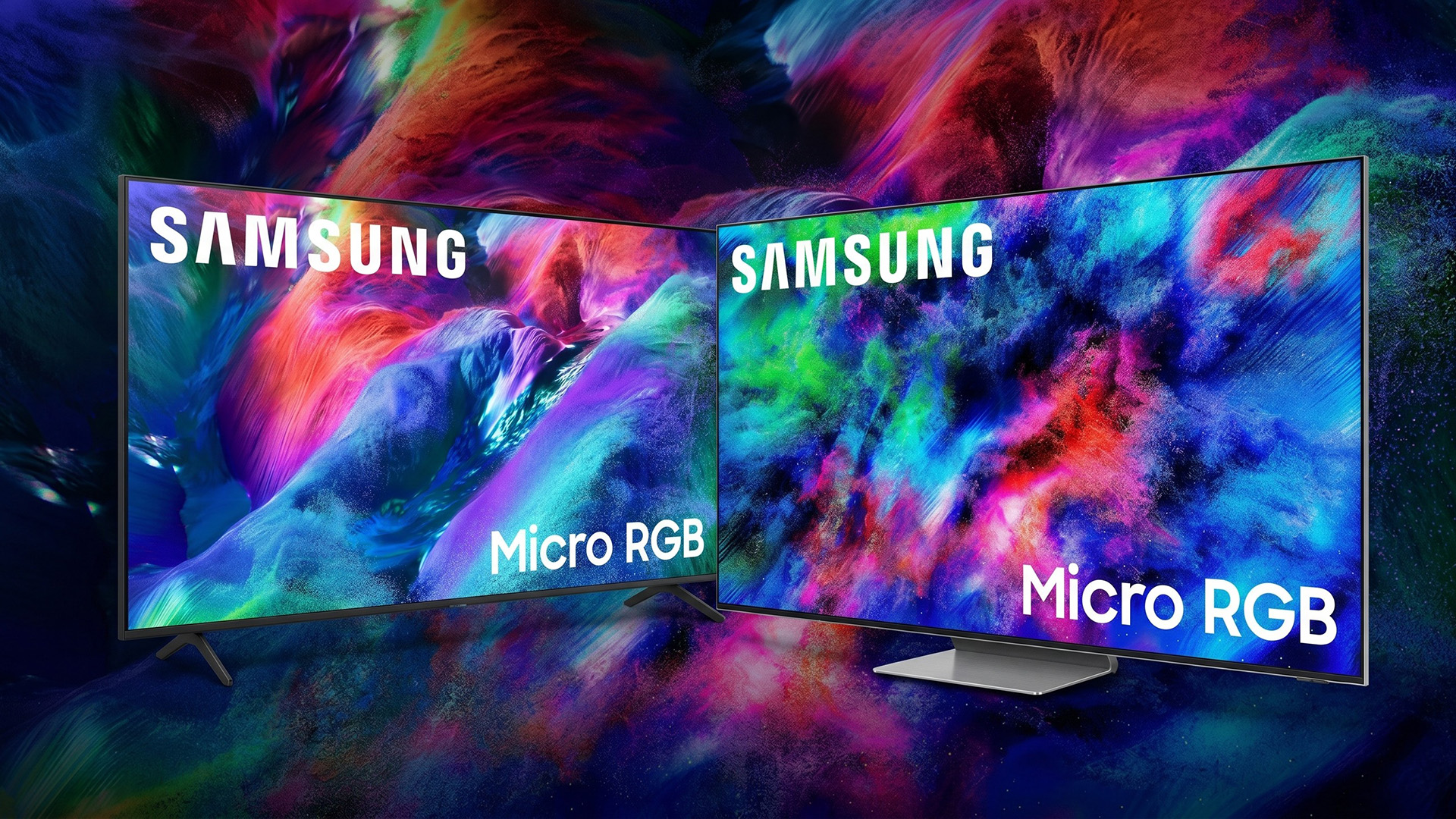 Two Samsung Micro RGB TVs on a colorful backdrop.